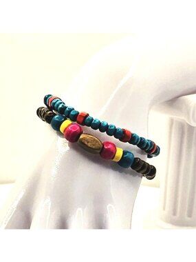 Colorful Beaded Bracelet Stack, Boho Stretch Bracelets, Layered Wood Bead Bracel